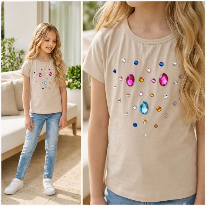 Tričko zdobené farebnými kamienkami
