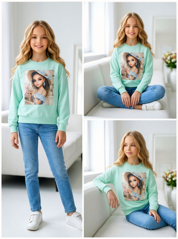 Tyrkysová mikina , slečna v klobúku