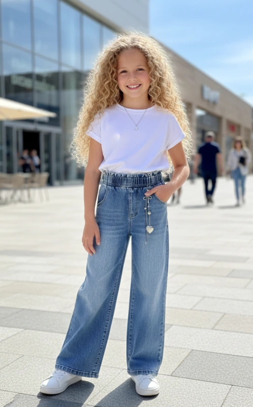 Široké modré rifle s príveskom