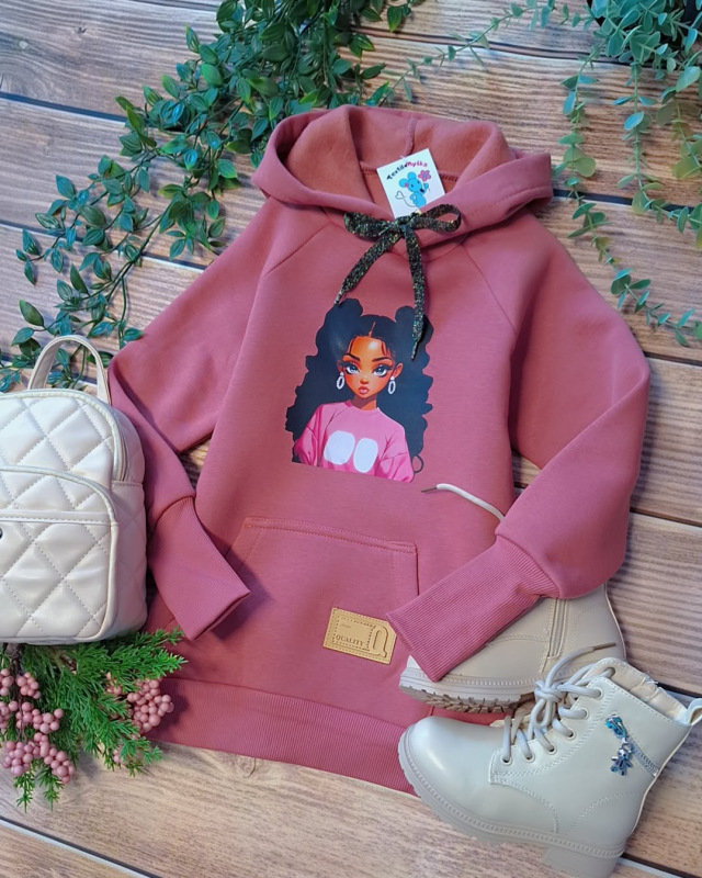 Tmavý púder mikina s potlačou dievča , zateplená