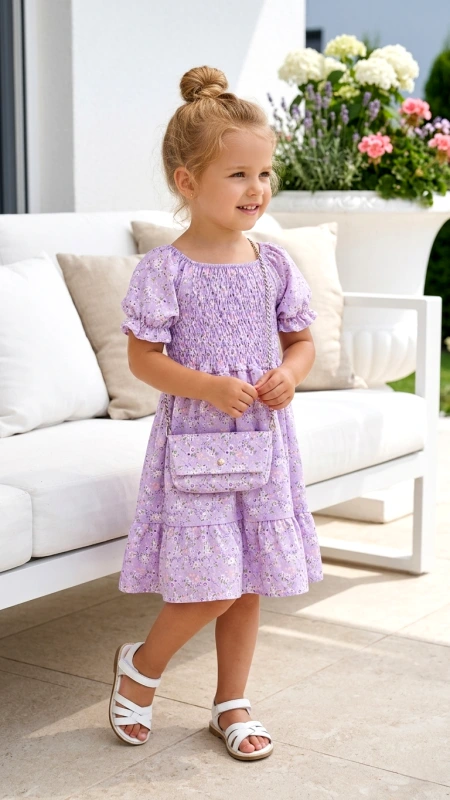 Fialové kvetované šaty s kabelkou