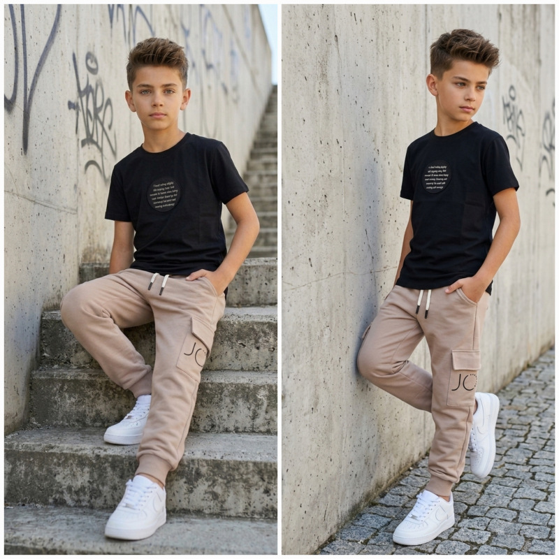 Chlapčenská streetstylová súprava s kapsáčovými teplákmi – Čierna / Béžová