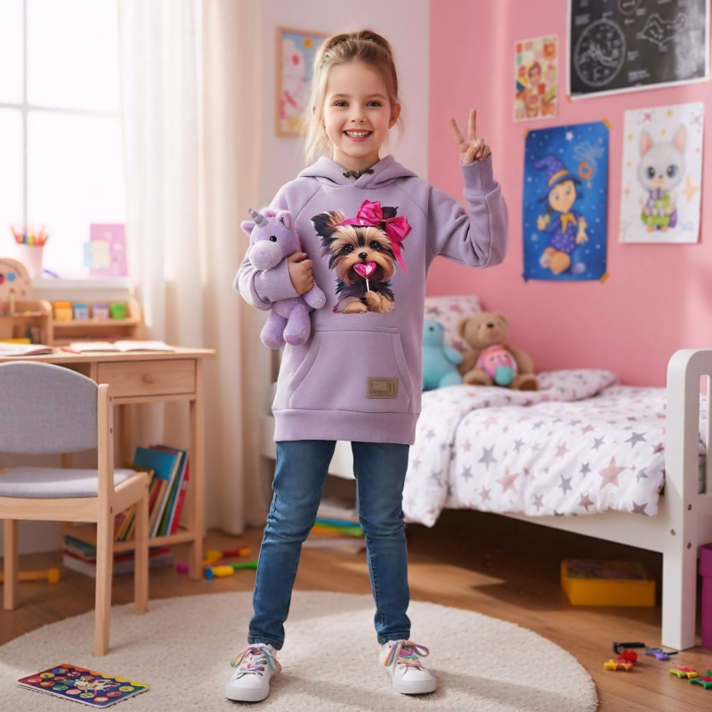 Fialová mikina s potlačou psíka , zateplená