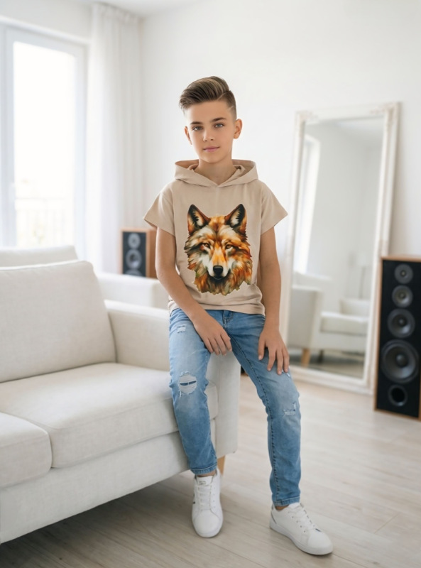 Béžové tričko s potlačou / Vlk