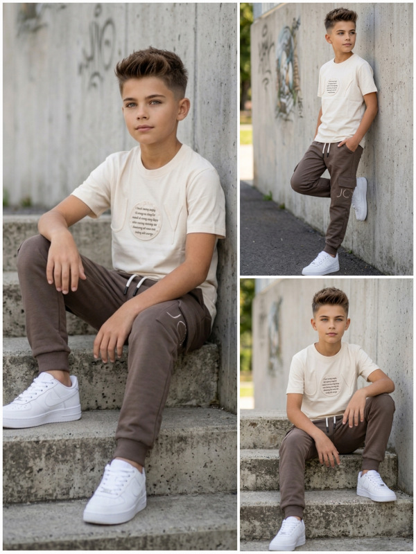 Chlapčenská streetstylová súprava s kapsáčovými teplákmi – Béžová / Hnedá