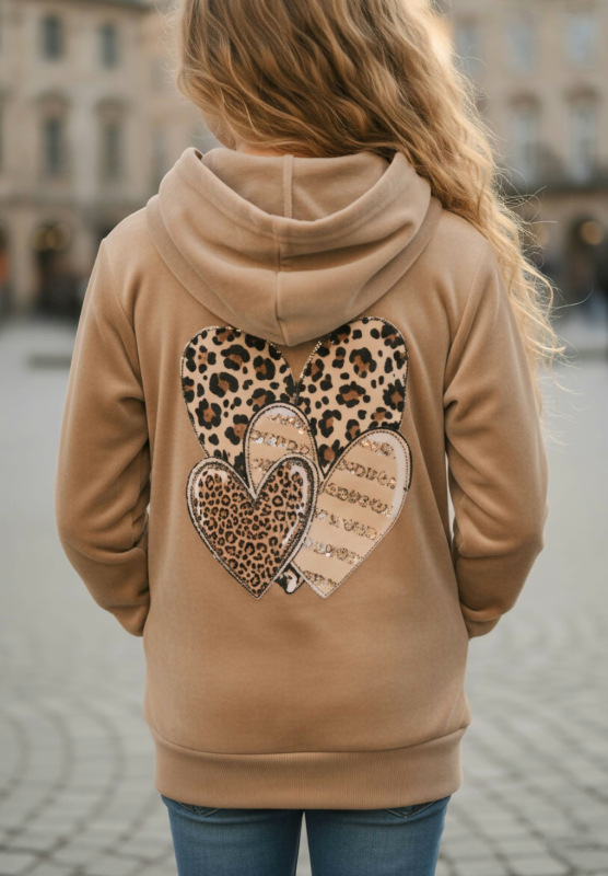 Velurová béžová mikina s potlačou srdce
