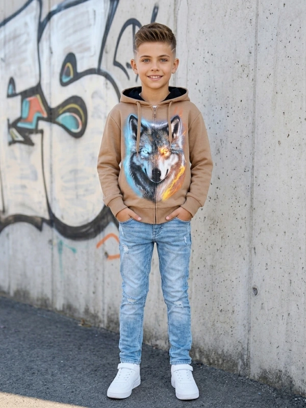 Béžová mikina na zips s potlačou vlka 3