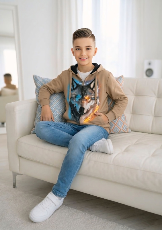 Béžová mikina na zips s potlačou vlka