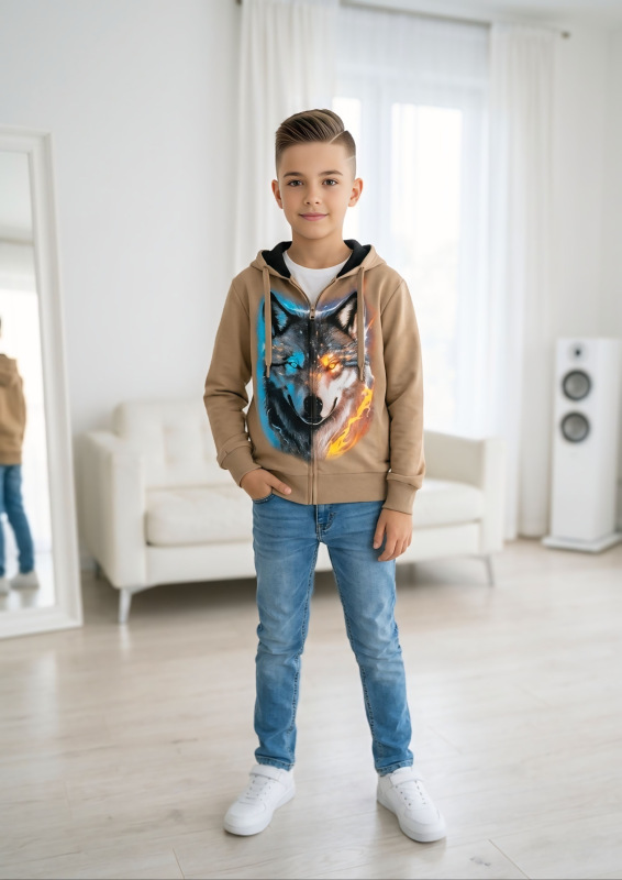 Béžová mikina na zips s potlačou vlka 1