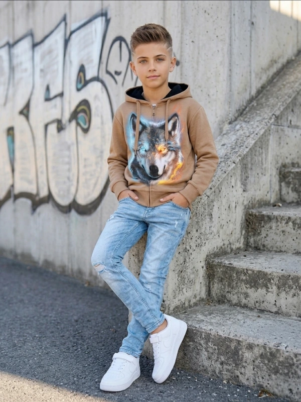Béžová mikina na zips s potlačou vlka