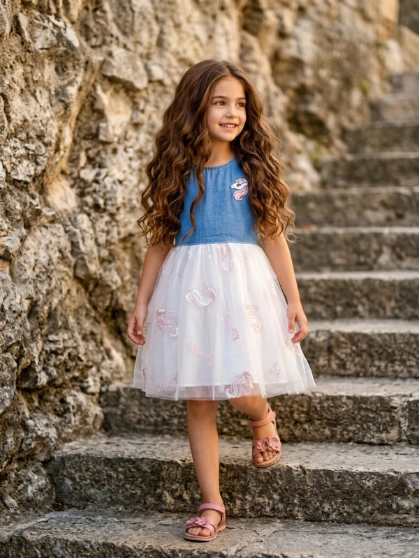 Magické šaty pre malé princezné , kombinácia džínsoviny a jemného tylu , biele