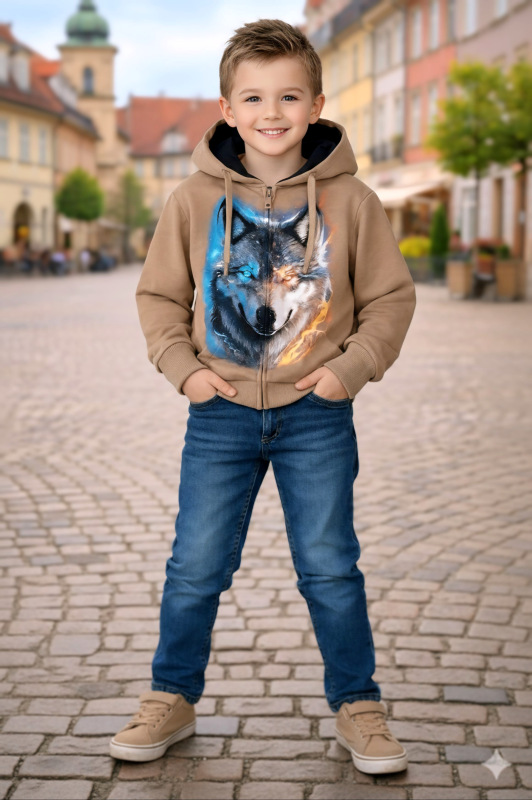 Béžová mikina na zips s potlačou vlka