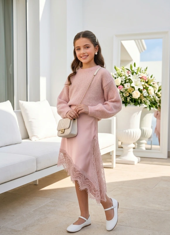 Púdrová saténová sukňa s čipkou